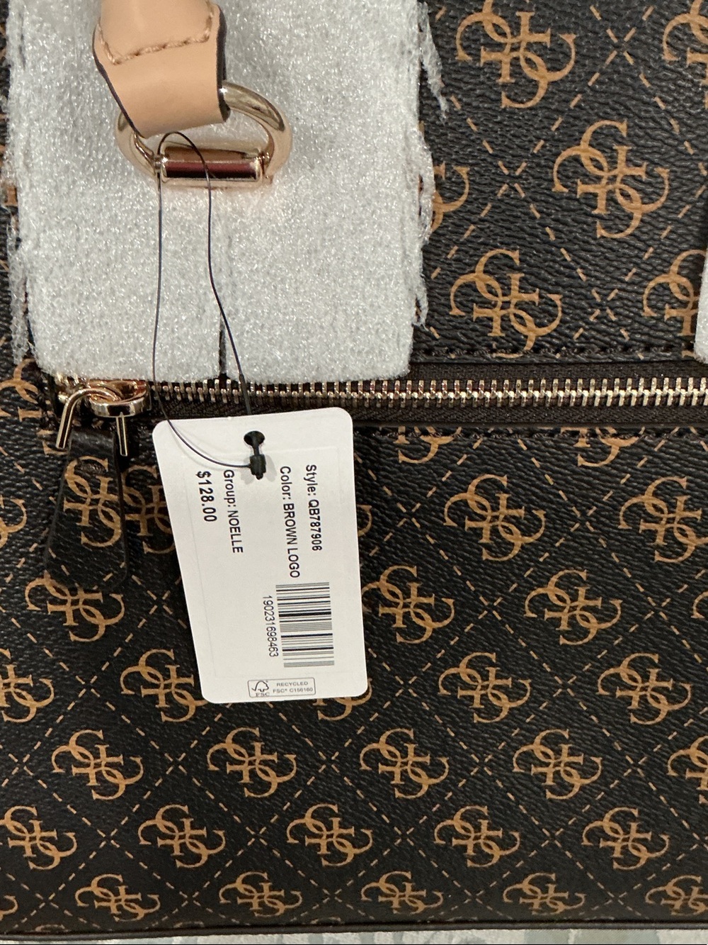 Guess Brown Monogram Satchel with Beige Trim